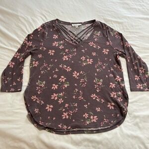 Cloudchaser Womens XL Floral Rib Knit Lattice V-Neck 3/4 Sleeve Top Burgundy
